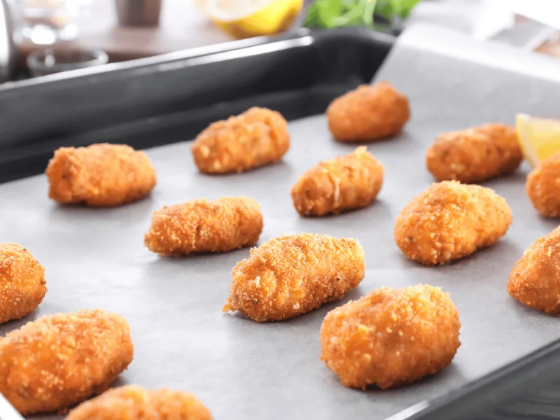 Croquetas doradas sobre bandeja de acero